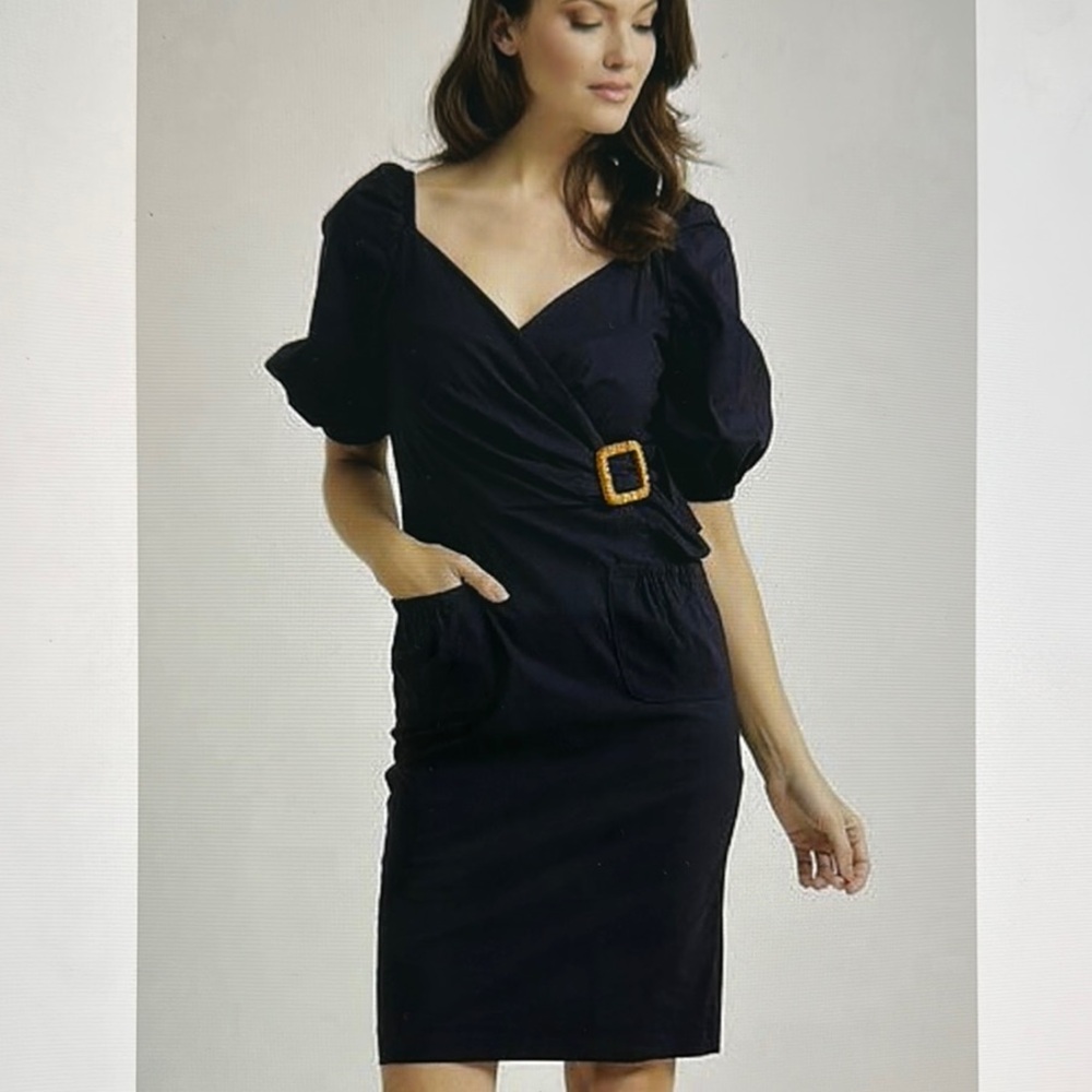Joseph Ribkoff Elegant wrap Navy Dress with Gold Buckle